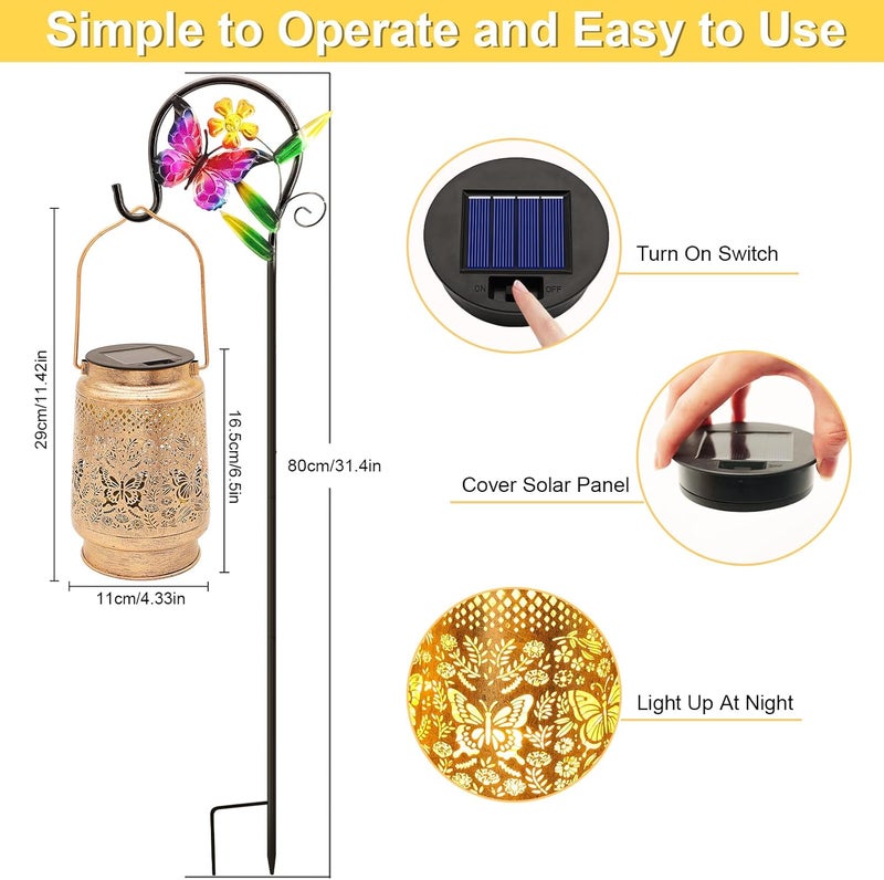 SANDECO Solar Lanterns Outdoor Butterfly Garden Decor, Gifts for Women Mom Grandma Birthday, Waterproof Metal Hanging Solar Lights LED Decoration with Shepherd Hook Outside for Yard Patio Lawn Porch - Image 4